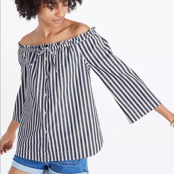 Madewell Shimmer Stripe Off the Shoulder Top Fluted Sleeve - Picture 1 of 16